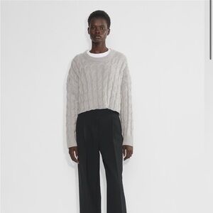 Babaton Cropped Cable-Knit Crewneck Sweater — Light Gray